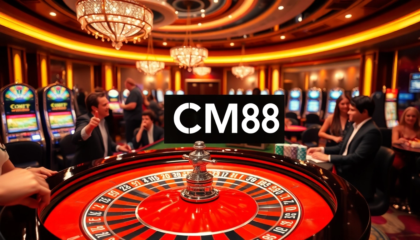 Players engaging at the roulette table in a vibrant casino scene featuring CM88 branding.