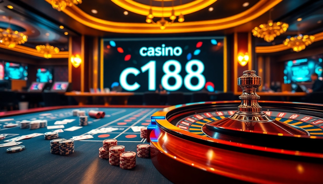 Exciting gameplay at casino c168 with poker chips and cards on a sleek gaming table.